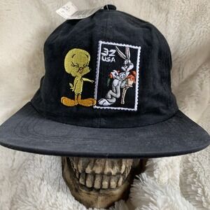 VTG Looney Tunes Tweety Bird Hat Cap Snap Back Adult Black Stamp Collection 1997